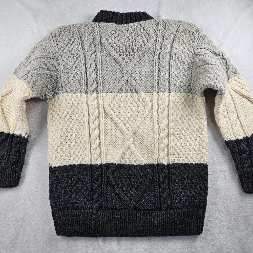 Vtg Aran Pullover Sweater Wool Fisherman Cable Knit Men 40 Colorblock Gray Cream